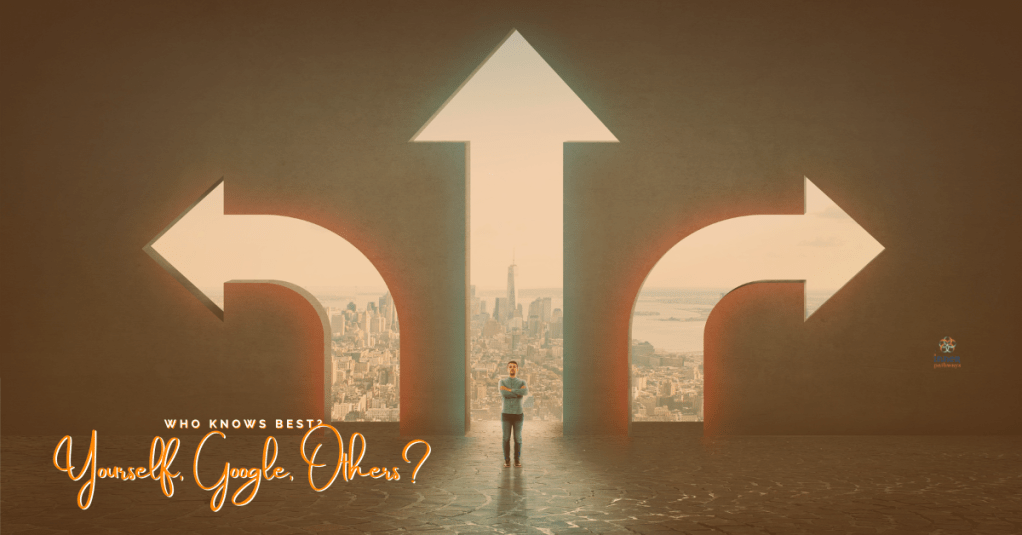 person standing in the middle with 3 direction arrows